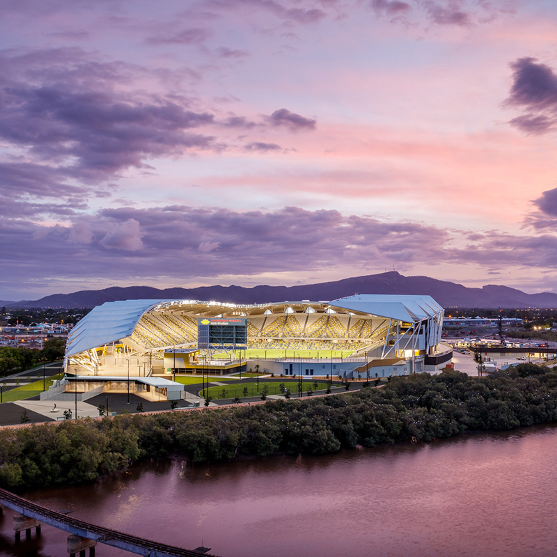 Distant view of Country Bank Stadium on the riverbank in Queensland